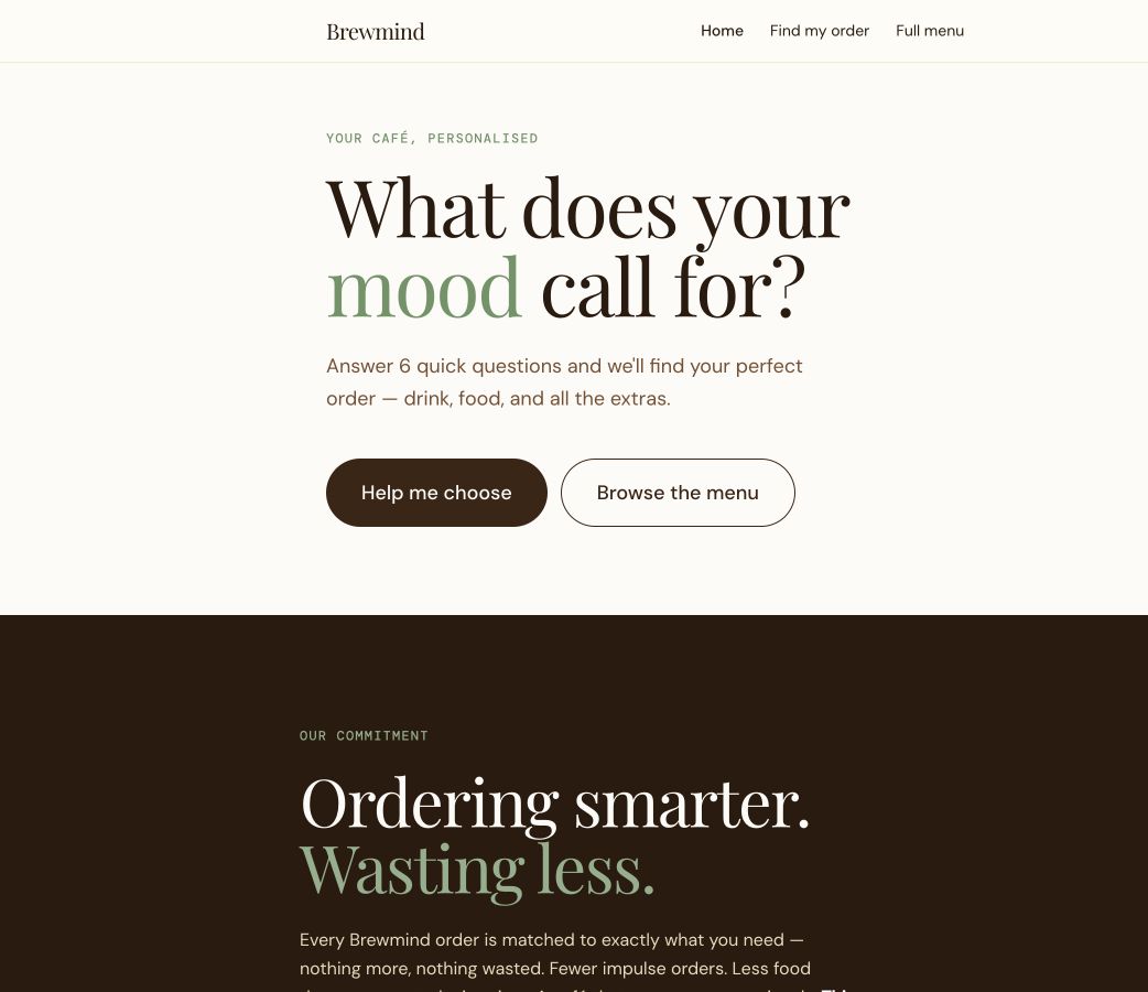 BrewMind prototype opening screen asking what the user's mood calls for