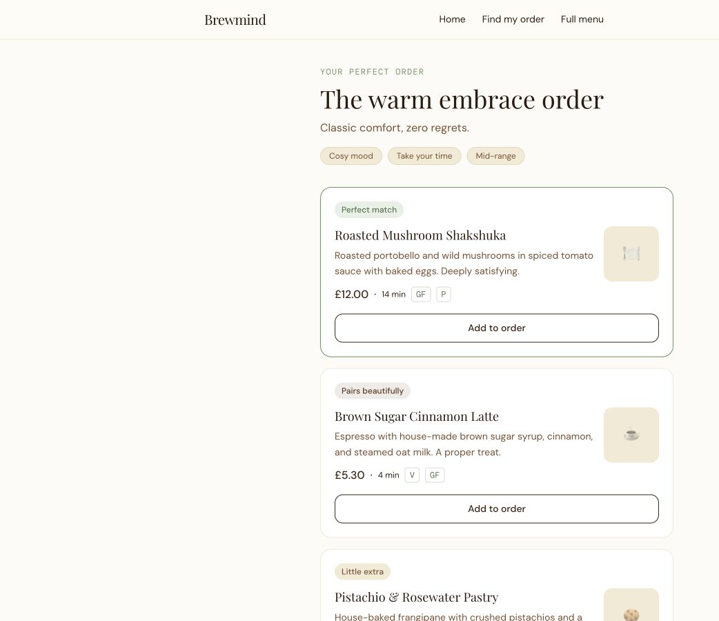 BrewMind prototype showing a generated meal and drink recommendation