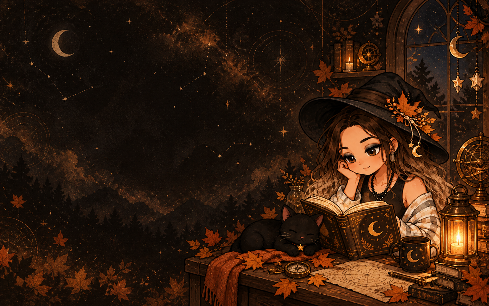 Moonlit Autumn Watch Finder artwork with a witch, books, and a black cat