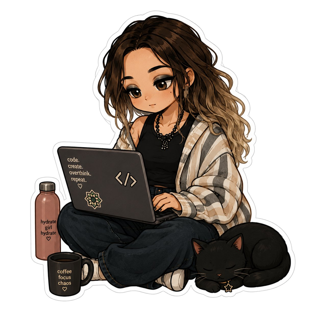 Yur, a creative coder with wavy brown hair and an oversized cardigan, working on a laptop beside a sleeping black cat, a water bottle, and a mug of coffee.